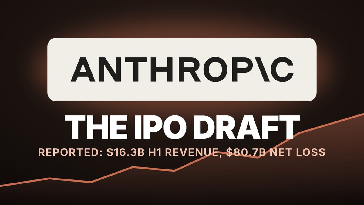 Anthropic wordmark above the words The IPO draft and reported $16.3B H1 revenue, $80.7B net loss, with a rising line