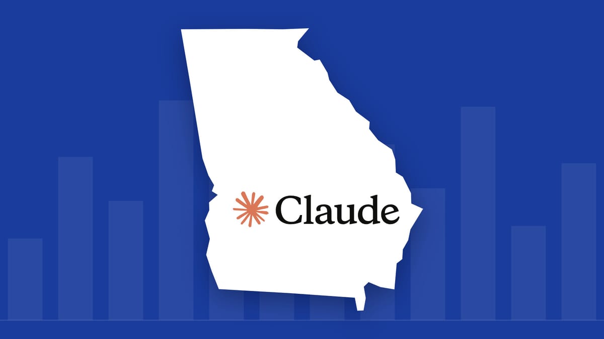 The official Claude logo on a white outline of the state of Georgia, set on a blue background with faint bar-chart lines