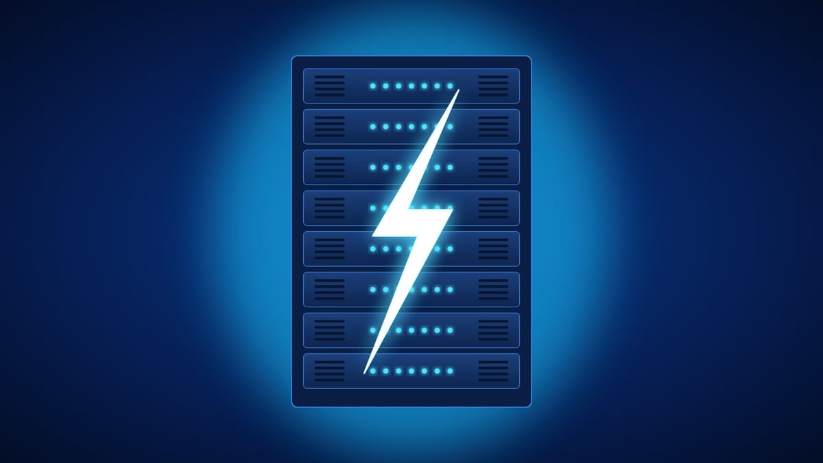 Illustration of a datacenter GPU server rack glowing cyan against a deep blue background, with a white lightning bolt across its front.