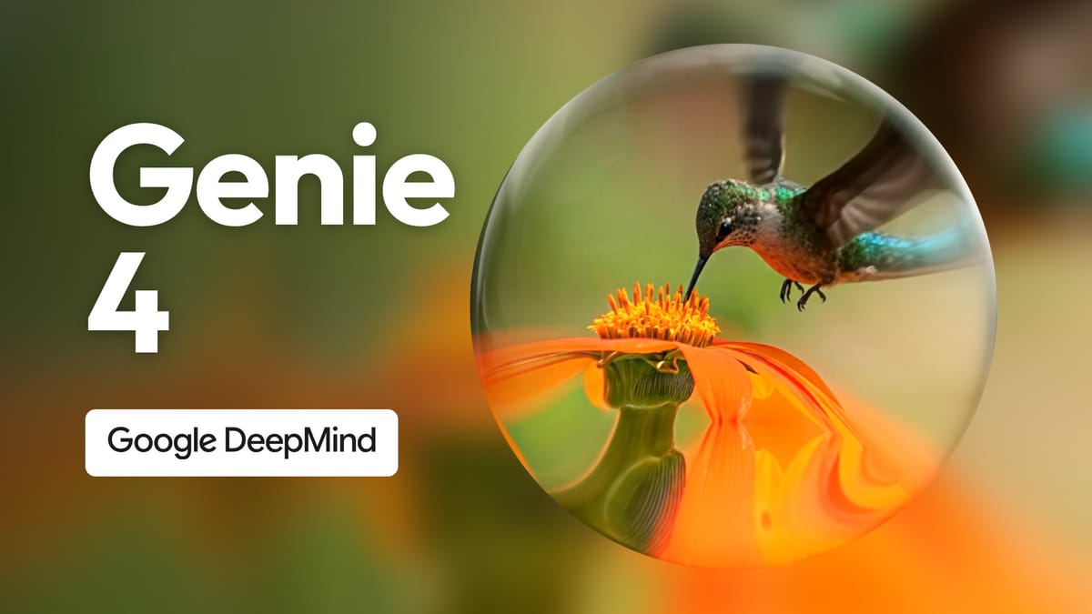 A hummingbird feeding at an orange flower inside a glass sphere, from Google DeepMind's Genie 4 announcement, beside the words Genie 4 and the Google DeepMind logo.