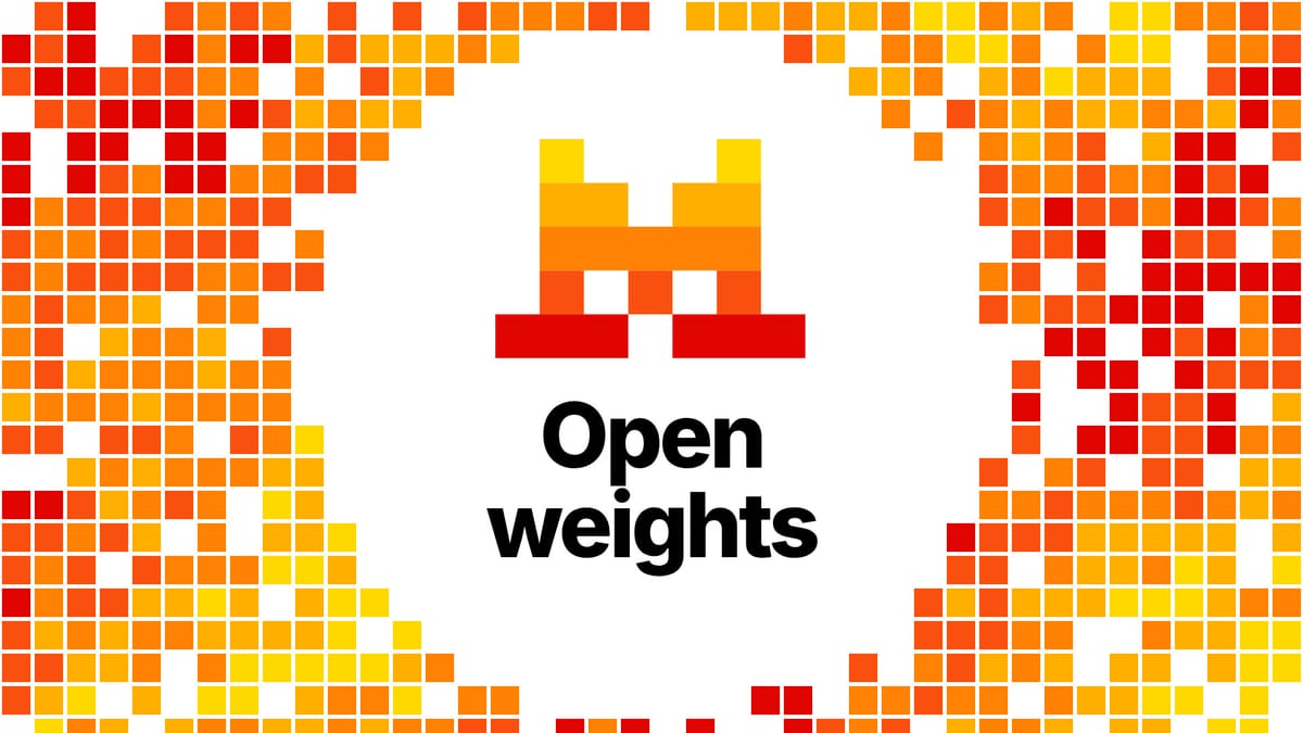 The official Mistral AI pixel M logo above the words Open weights in black, inside a white circle surrounded by a grid of yellow, orange and red pixel squares