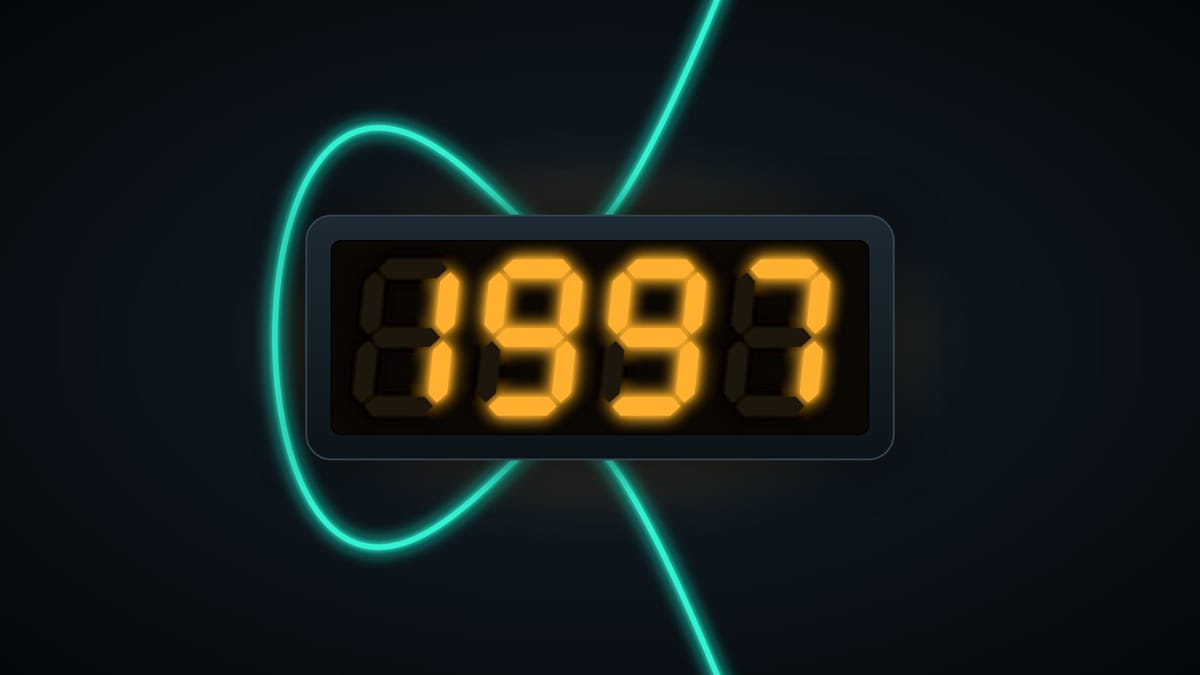 Illustration of a vintage digital clock display glowing amber with the number 1997, with a teal elliptic curve looping behind it on a dark background.