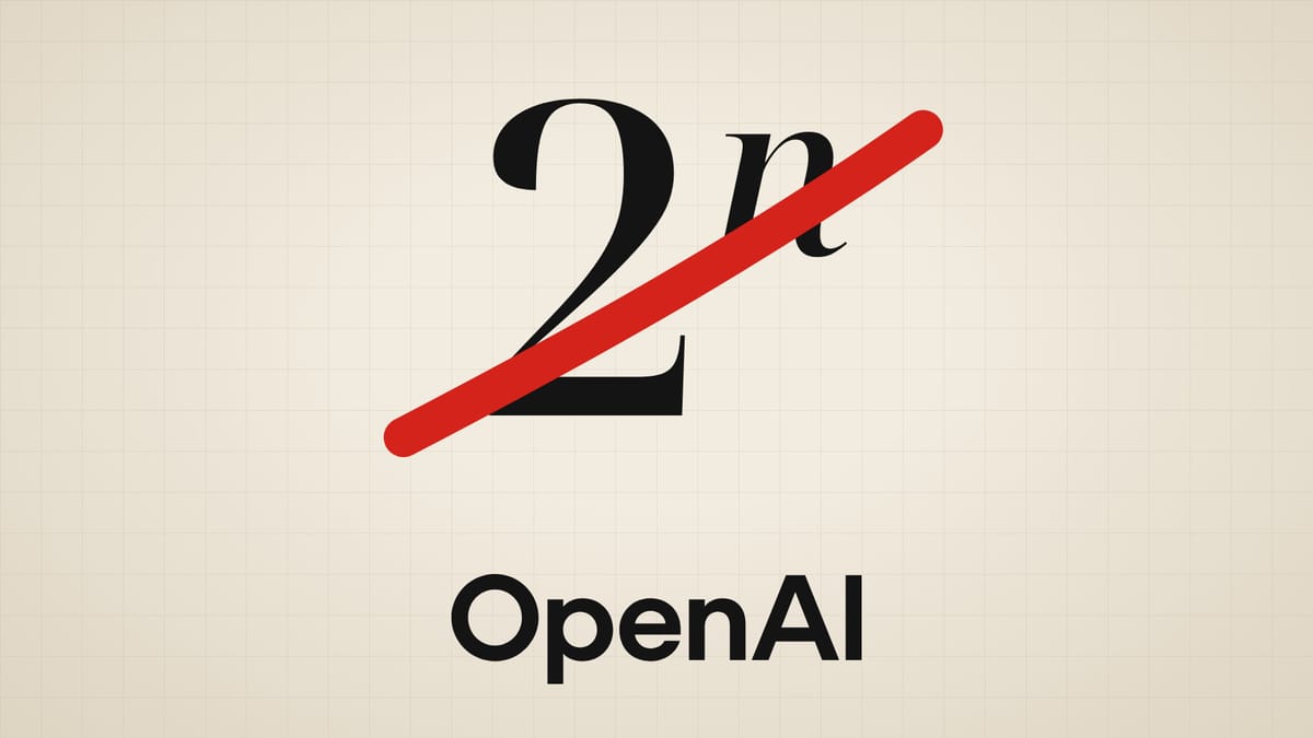 The expression 2 to the power n in large black serif type, crossed out with a red line, above the OpenAI wordmark on cream graph paper.