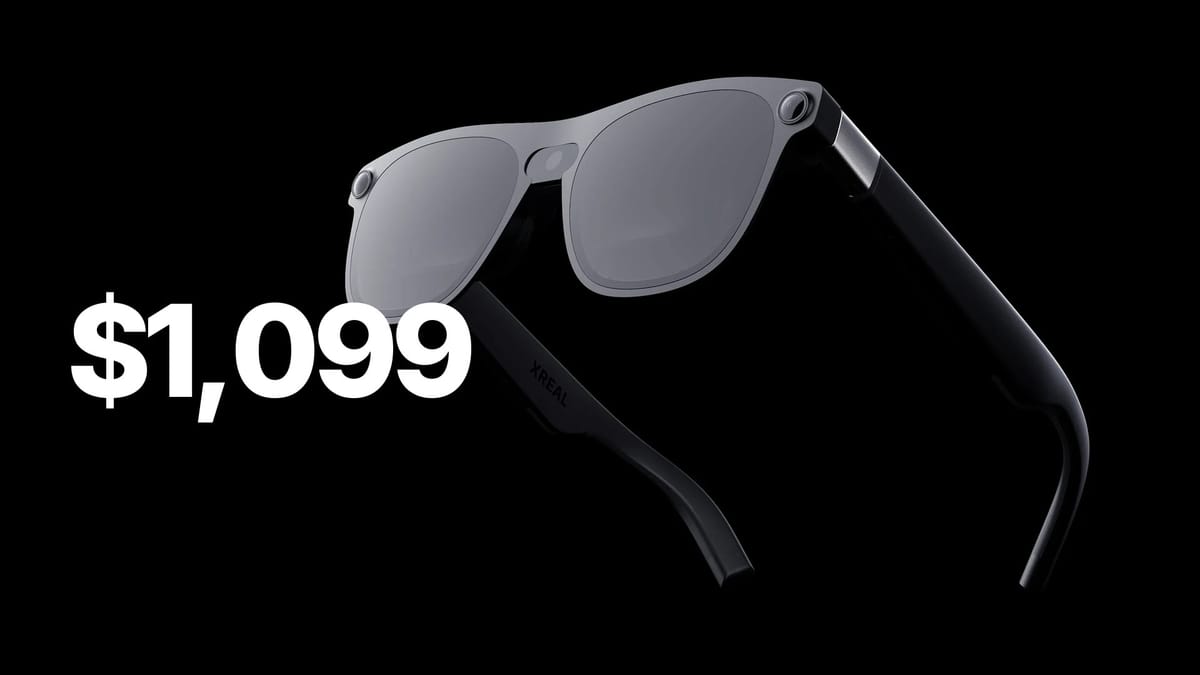 Xreal Aura glasses photographed at an angle against a black background, with "$1,099" in large white type.