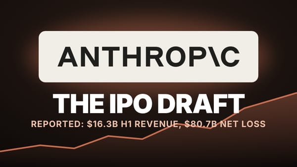 Anthropic wordmark above the words The IPO draft and reported $16.3B H1 revenue, $80.7B net loss, with a rising line