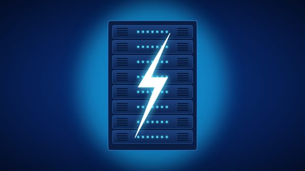 Illustration of a datacenter GPU server rack glowing cyan against a deep blue background, with a white lightning bolt across its front.