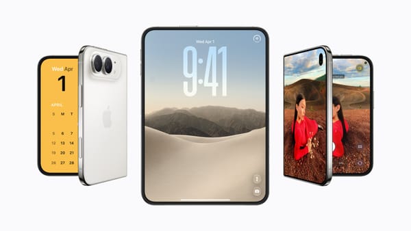 An open iPhone Duo showing a 9:41 lock screen, flanked by closed Duos showing a calendar, rear cameras and a camera preview