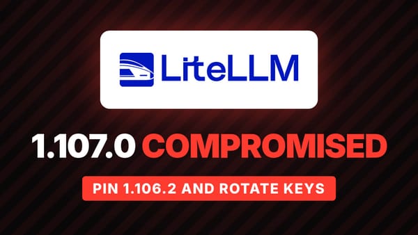 LiteLLM logo on a white card above the words '1.107.0 COMPROMISED' and a red badge reading 'Pin 1.106.2 and rotate keys'