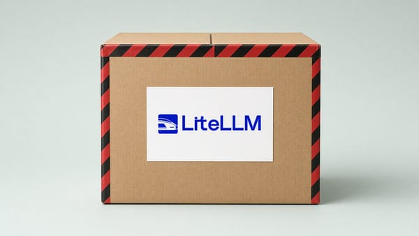 A cardboard parcel wrapped in hazard tape with the LiteLLM logo on its shipping label