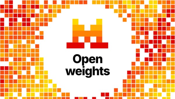 The official Mistral AI pixel M logo above the words Open weights in black, inside a white circle surrounded by a grid of yellow, orange and red pixel squares