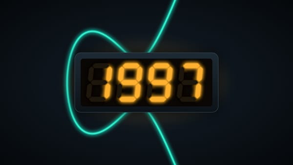Illustration of a vintage digital clock display glowing amber with the number 1997, with a teal elliptic curve looping behind it on a dark background.