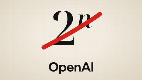 The expression 2 to the power n in large black serif type, crossed out with a red line, above the OpenAI wordmark on cream graph paper.