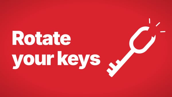 Bold white text reading Rotate your keys on a red background, beside a white key icon whose ring is a snapped chain link.